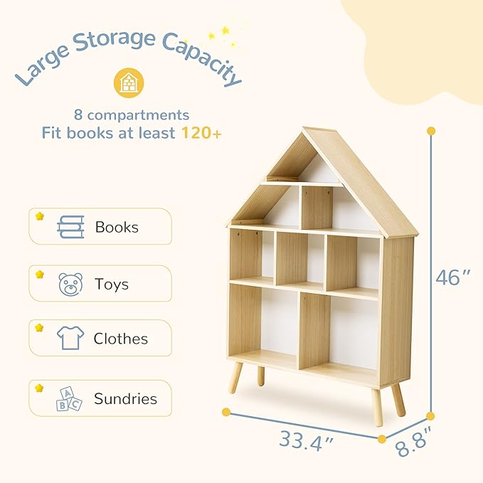 Curipeer Kids Dollhouse Bookshelf and Baby Storage - Wooden Stand Dollhouse Bookcase with 4-Tier Storage Display Organizer, Children Bookshelf for Playing Room, Nursery - Natural Wood Color