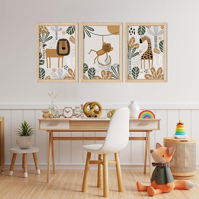YWJKWLGS Kids Safari Animal Wall Decor, 3 Piece Nursery Art for Baby Room 11"x16" Jungle Theme Cute Lion Monkey Giraffe Prints Sign Wood Framed for Children's Room Toddler Bedroom Decoration (Wood)