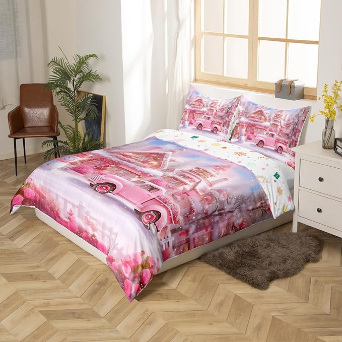 Manfei Christmas Duvet Cover Set Full Size, Winter Snowman Truck Flower Bedding Set for Kids Girls Room Decor, New Year Pink Comforter Cover, Soft Polyester Quilt Cover, 2 Pillowcases, No Comforter