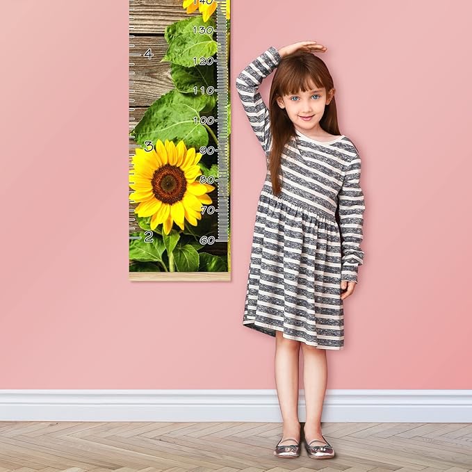 Personalized Kids Name Growth Chart Ruler for Wall Wood Frame Height Measure Chart 13.4x56 in Linen Hanging Height Growth Chart Sunflower and Wood Kids Room Decor