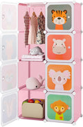 Costzon Kids Closet, Cartoon DIY Modular Dresser Storage Organizer with 8 Cubes & Clothes Hanging Rack, Portable Armoire for Baby Toddlers, Kids Wardrobe for Bedroom Nursery, Pink