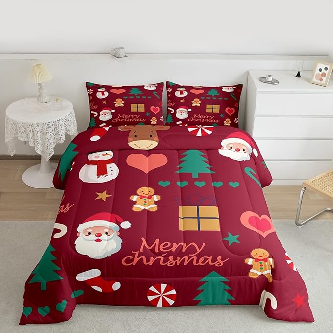 Feelyou Merry Christmas Comforter Set All Season Santa Claus Snowman Bedding Set with 2 Pillow Cases Gingerbread Man Microfiber Kids King Bedclothes Xmas Tree Deer Bedroom Decor Duvet Quilt Soft