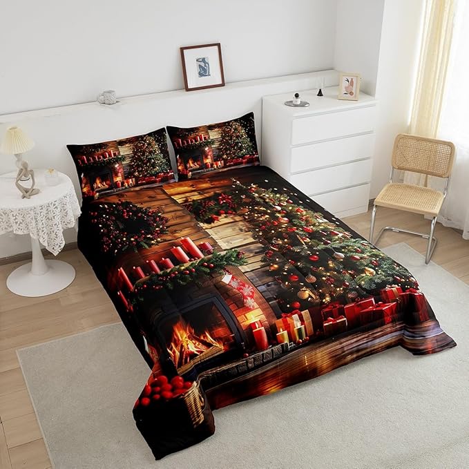 Merry Christmas Comforter Set King Size,3D Christmas Fireplace Christmas Tree Duvet Insert for Kids Boys Girls Room Decor,Xmas Theme Bedding Set 3Pcs,Retro Wooden Stripes Quilt Set,2 Pillowcases