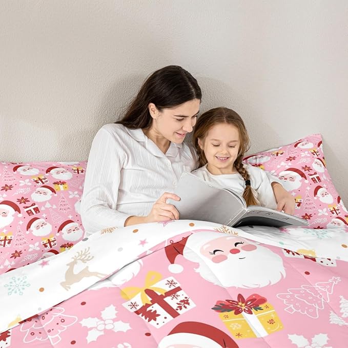 jejeloiu Santa Claus Comforter Set Twin Size Merry Christmas Bedding Set for Kids Boys Girls Xmas Themed Duvet Quilt Pink Bedroom Decor