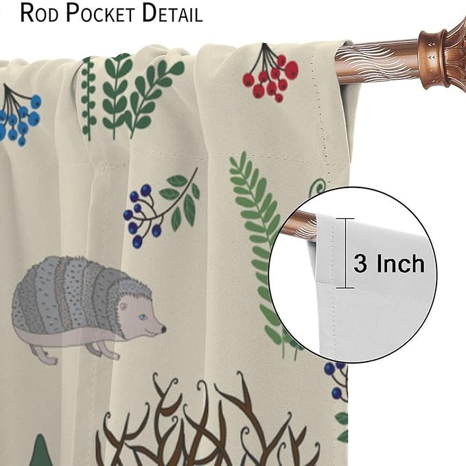 Kids Forest Animal Curtains, Rustic Cute Wild Animal Fox Deer Hedgehog Window Treatments Farmhouse Woodland Window Drapes for Girls Boys Nursery Toddler Bedroom 42x63in