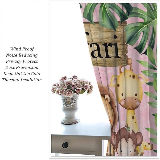 Kids Safari Animals Curtains, Cartoon Wildlife Tropical Leaf Pink Blackout Window Treatments, Rod Pocket Thermal Insulated Drapes 2 Panel Sets for Bedroom Nursery Classroom, 42" W X 54" L