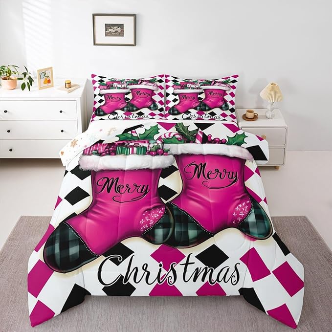 Feelyou Merry Christmas Comforter Set All Season Cartoon Shoes Bedding Set with 1 Pillow Cases Microfiber Kids Toddler Bedclothes Winter Bedroom Decor Duvet Quilt Breathable Soft