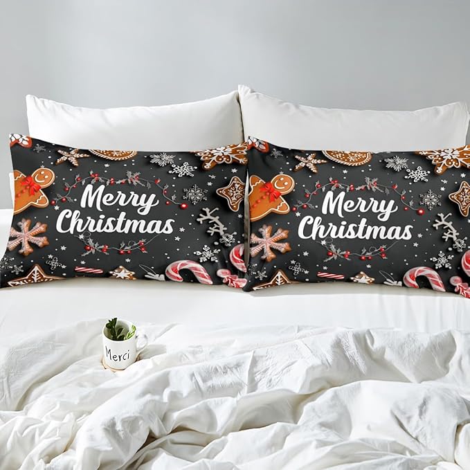 Manfei Christmas Bedding Set 3pcs for Kids Girls Red Cartoon Gingerbread Man Printed Comforter Cover Festival Duvet Cover Set Microfiber Bedspread Cover with 2 Pillow Cases(No Comforter) Full Size