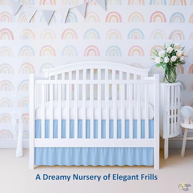Cottington Lane Light Blue Infrant Crib Bed Skirt Dust Ruffle with Split Corner, 100% Natural Cotton Nursery Crib Toddler Bedding Skirt for Baby Girls or Boy, Fits Standard Cribs 28"x52" with 14" Drop