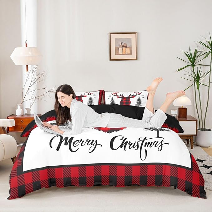 jejeloiu Christmas Bedding Set for Kids Boys Girls Xmas Deer Elk Antlers Comforter Cover Set Twin Size Buffalo Check Grid Duvet Cover Bedroom Decor Xmas Bedding Collection 2Pcs
