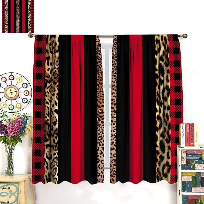 Leopard Skin Blackout Window Curtains, Brown Cheetah Red Black Plaid Stripe Print Window Drapes for Kids Boy Girls Bedroom Living Room 52" W X 84" L