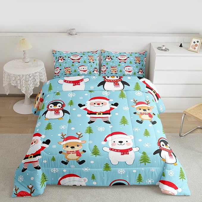 Feelyou Christmas Comforter Set Full Size Santa Claus Bedding Set for Kids Boys Girls Penguin Deer Duvet Quilt Xmas Snowflake Tree Bedroom Decor Microfiber 3 Pcs with 2 Pillow Cases