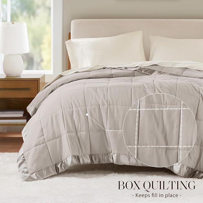 Madison Park Windom Down Alternative Blanket, Premium 3M Scotchgard Moisture Wicking Treatment, Lightweight and Soft Bed Cover For All Season, Satin Trim, Grey Twin
