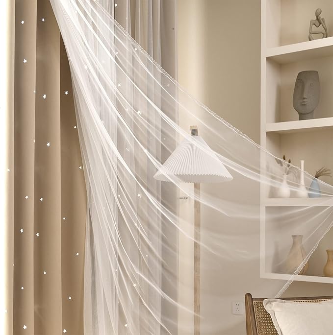 Kinryb Blackout Curtains for Girl Bedroom/Living Room/Classroom, Sheer Overlay Small 2 Panel Set, Double Layer Curtains with Star Cutout for Kids Room(W 52 x L 45 Inches,Beige 2 Pcs)