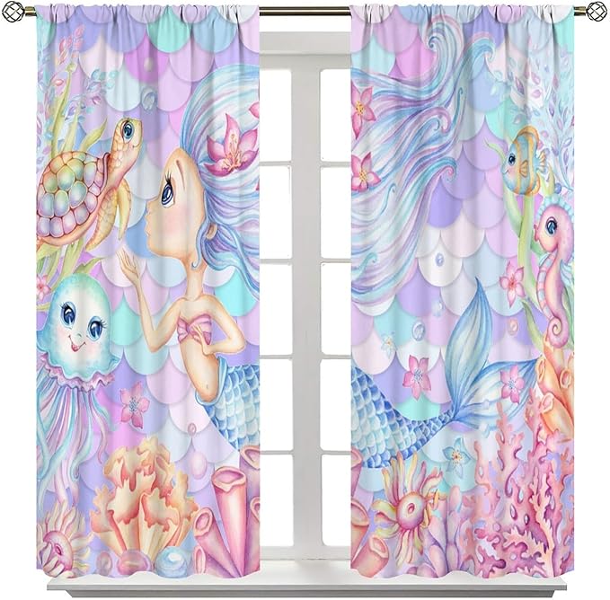 Fantasy Mermaid Curtain Dream Cartoon Marine Organisms Turtle Coral Ocean Theme Dream Blackout Window Treatment for Kids Girls Bedroom Nursery Room Decor Rod Pocket Window Drapes 63x72in