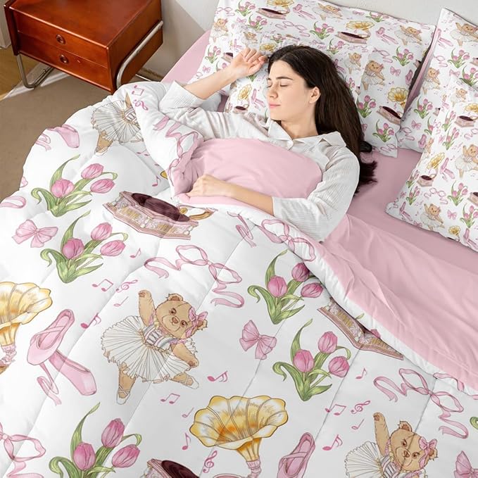 Pink Bowknot Princess Comforter Full Size,Ballet Shoes Bear Dancer Cartoon 7 Pcs Bedding Set,Tulip Flower Music Note Record Decor,Bow Tie Romantic （Fitted+Sheet+2 Pillowcases+2 Throw Pillow Covers）