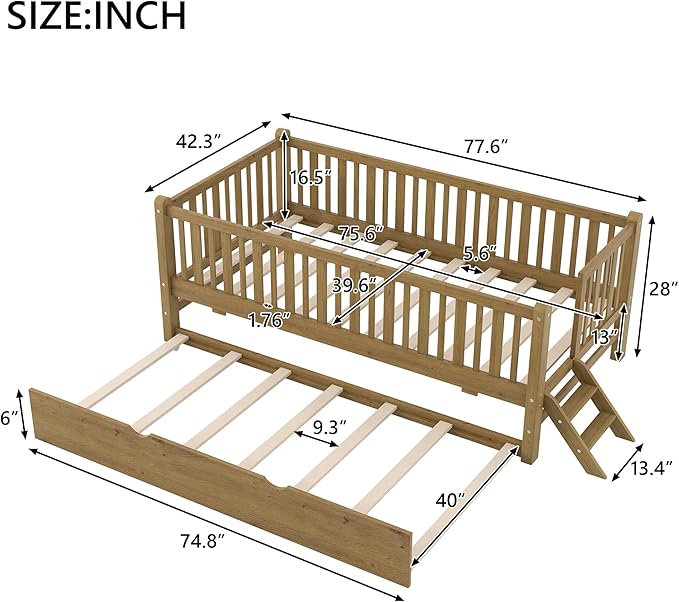Twin Size Platform Bed with Guardrail and Trundle, Wood Kids Platform Bed Frame with Two-Step Ladder for Boys Girls, Sturdy Slats Support (Walnut-1.26T)