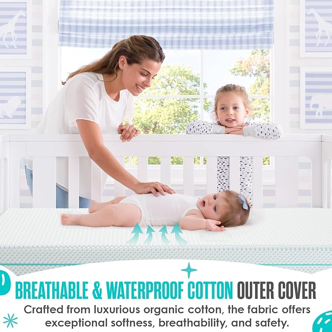Sleepah 6" Crib & Toddler Bed Mattress Dual Sided (Firm & Plush) Cooling Memory Foam – Waterproof Washable Breathable Soft Cotton Fabric – CertiPUR Baby Mattresses - for Baby & Toddlers (Blue)