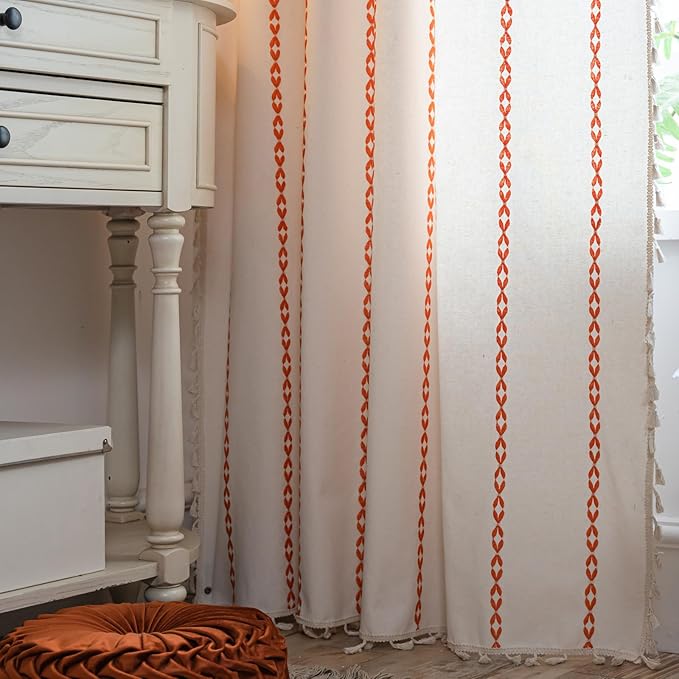 Deeprove Rust Orange Boho Curtains 84 inches Length for Living Room Bedroom Nursery, Burnt Bohemian Embroidery Farmhouse Tassel Privacy Window Treatments for Halloween Decor W52 x L84, 1 Panel
