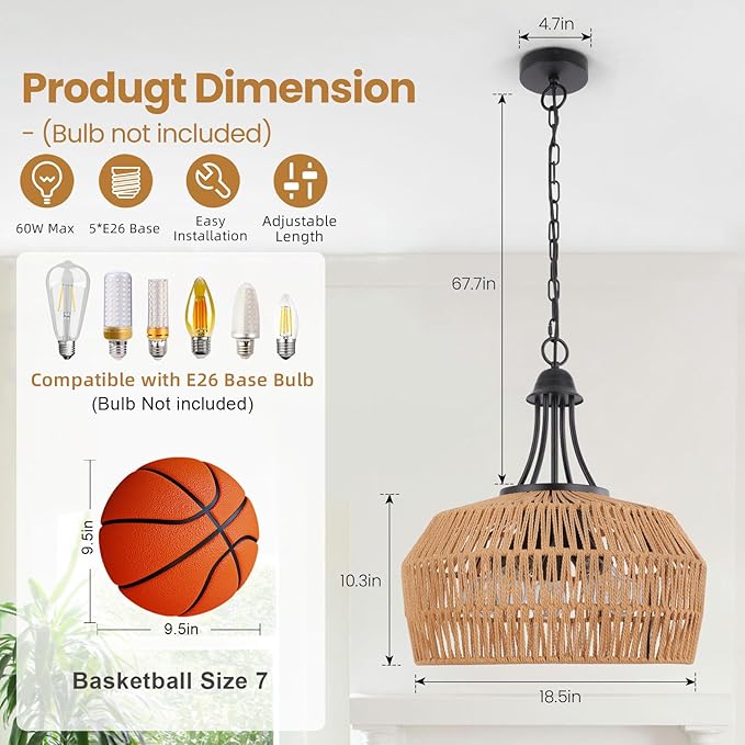 18.5'' Rattan Chandeliers for Dining Room, 5-Light Boho Pendant Light, Hand Woven Lampshade for Kitchen Island, Bedroom, Living Room, Height Adjustable