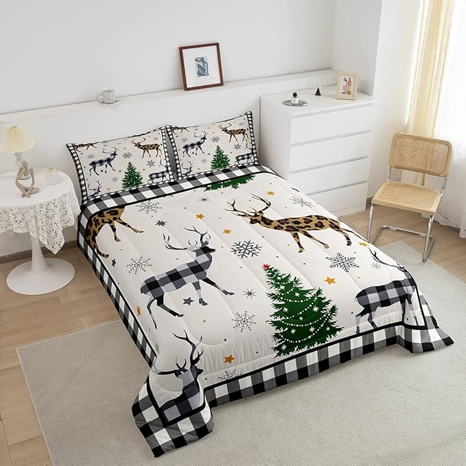 Kids Deer Silhouette Comforter Set King Size,Snowflake Pine Trees Bedding,Girls Boys Adults Bedroom/Xmas Cabin Decor,Geometric Grids Plaid Down Comforter,Rustic Farmhouse Duvet Insert,2 Pillowcases