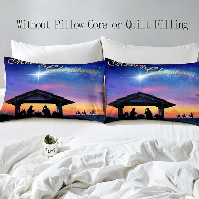 LUVIVIHOME 3PCS Christmas Duvet Cover King Bedding Set, Purple Blue Galaxy Sunset Manger Nativity Scene O Holy Night Winter Holiday Xmas Christmas Comforter Quilt Cover, Bed in a Bag, 2 Pillow Shams