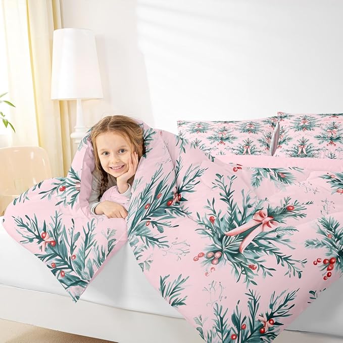 Feelyou Merry Christmas Kids Comforter Set Queen Size Green Xmas Tree Bedding Set Pink Bow Duvet Quilt for Kids Boys Girls Bedroom Decor Microfiber Ultra Soft Breathable