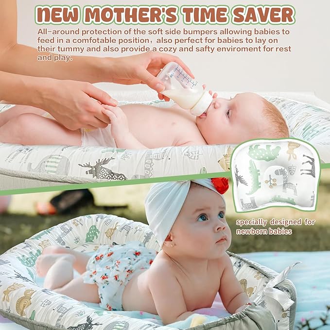 JIFTOK Baby Nests Lounger for Newborn, Snuggle Sleeping Bassinet for 0-24M, Breathable Portable Co Sleeping Bed, Baby Essentials Adjustable Infant Soft Cotton Loungers for Home & Travel -Zoo