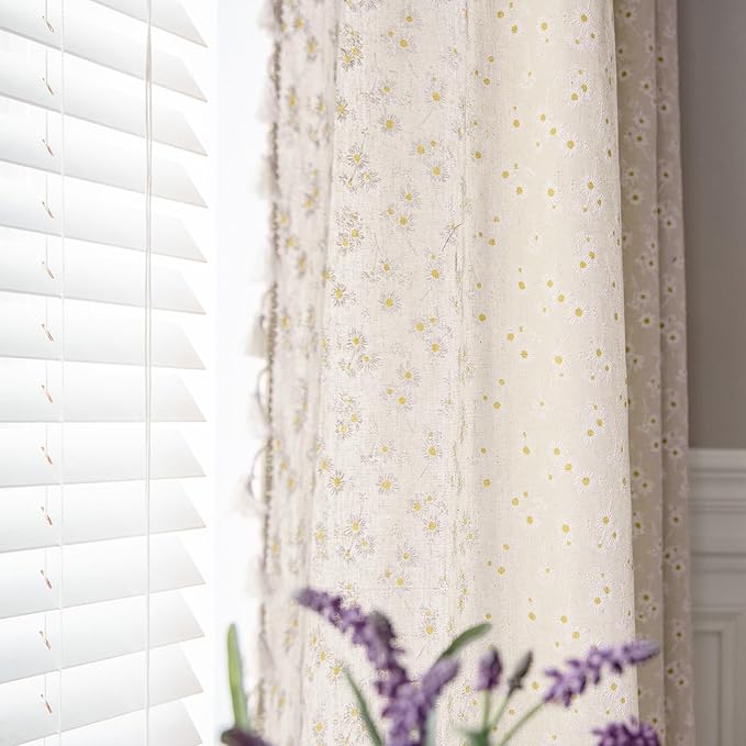 ENJOYBRIDAL Daisy Floral Curtains 84 Inch Length 4 Panels Tassel Drapes Rod Pocket Semi Sheer Boho Bedroom Window Curtain Panels Living Room Farmhouse Rustic Bohemian Window Treatment