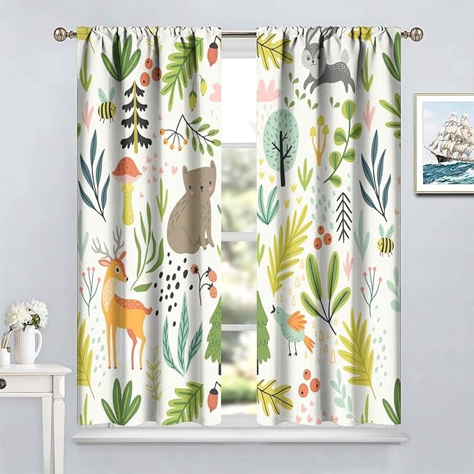 Kid Forest Animal Curtains,Woodland Animal Cartoon Watercolor Forest Hedgehog Fox Toddler Boys Girls Bedroom Living Room Window Drapes 42x54 Inch