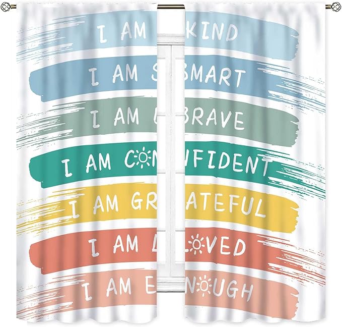 Rainbow Curtains for Classroom, Kids Girls Baby Boho Cute Inspirational Motivational Quotes Cartoon Colorful Pastel Nursery Classroom Bedroom Living Room Bathroom Window Drapes 2 Panels, 63"x63" Inch