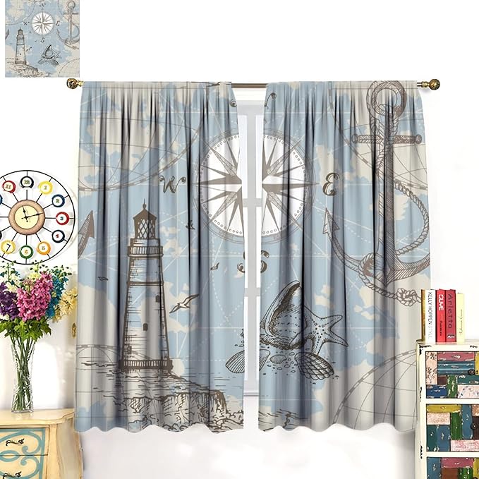 Nautical Theme Window Curtains,Pirate Sailboat Curtains for Bedroom,Conch Starfish Print Draperies for Living Room,Ocean Window Treatment Curtains Set 2 Panels,63x72 Inches