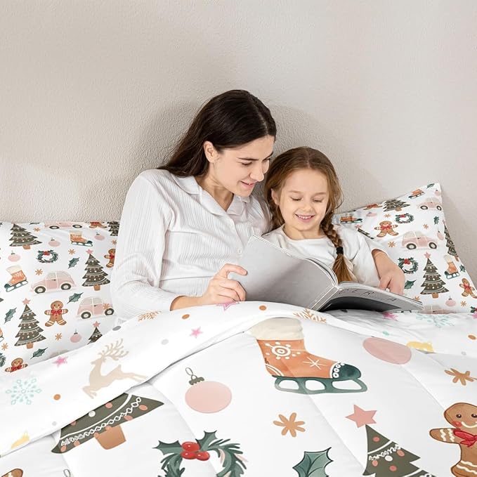 Feelyou Xmas Tree Car Comforter Set All Season Gingerbread Man Bedding Set with 1 Pillow Cases Garland Microfiber Kids Twin Bedclothes Bedroom Decor Duvet Quilt Breathable Soft