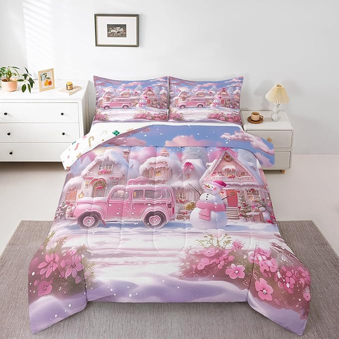 Manfei Christmas Comforter Set Twin Size, Pink Truck Flower Snowman Bedding Set for Kids Girls Room Decor, New Year Theme Down Comforter, Lightweight Duvet Insert, 1 Pillowcase