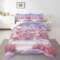 Manfei Christmas Comforter Set King Size, Pink Truck Flower Snowman Bedding Set for Kids Girls Room Decor, New Year Theme Down Comforter, Lightweight Duvet Insert, 2 Pillowcases