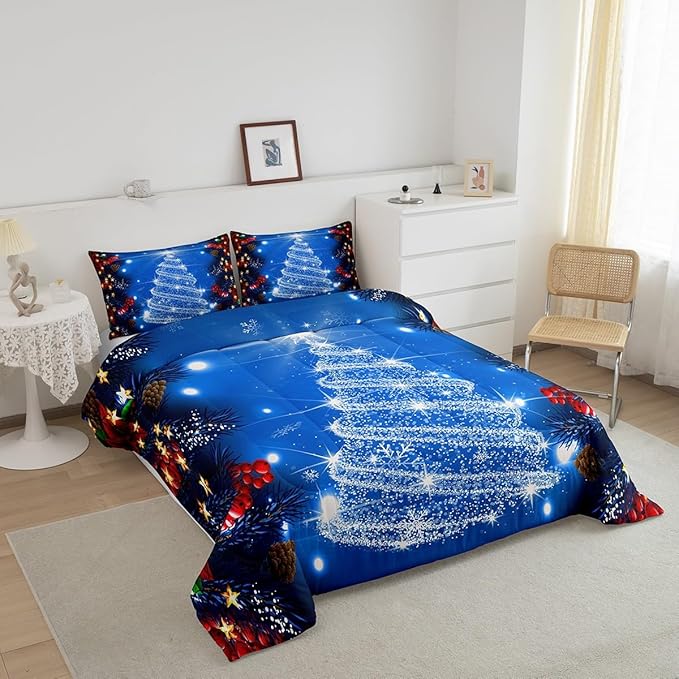 Feelyou Kids Merry Christmas Decorations Comforter Set, Kids Santa Tree Bedding Set Queen Size for Boys Girls Teens Xmas Christmas Bell Decor Comforter Glitter Blue Quilt Set
