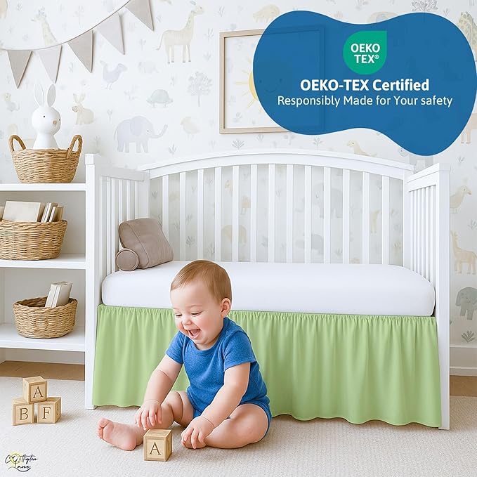 Cottington Lane Sage Crib Skirt Dust Ruffle, 100% Natural Cotton, Soft, Durable Nursery Crib Toddler Bedding Skirt for Baby Girls or Boys, Fits Standard Cribs 28" x 52" with 14" Drop