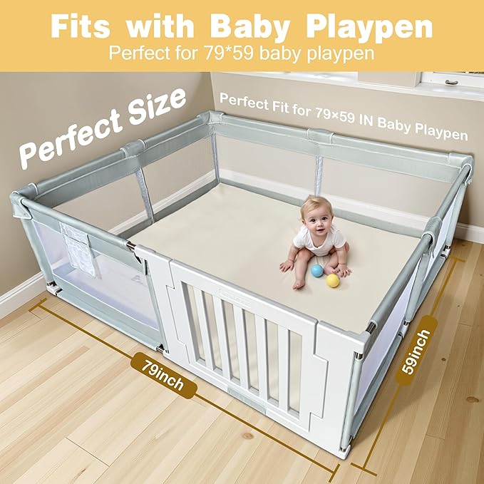 Padded 79" ×59" Large Baby Play Mat for Floor, 1.2" Thick Memory Foam Playmat with Soft Vegan Leather Cover, Cushioned Play Mat for 79" x59" Playpens, Beige