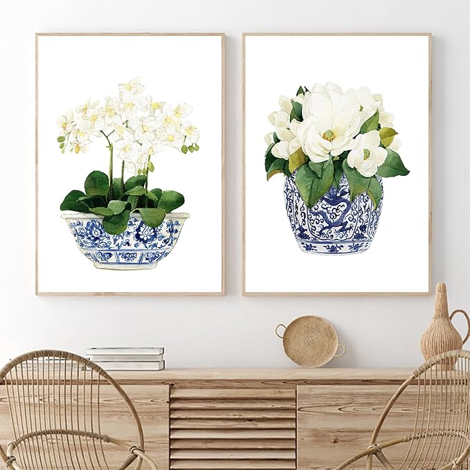 White Orchid & Magnolia Watercolor Flowers Botanical Plant Art Print Blue And White Chinoiserie Wall Art Oriental Vase Blue White Willow Style Porcelain Flower Jar Poster for Living Room Decor