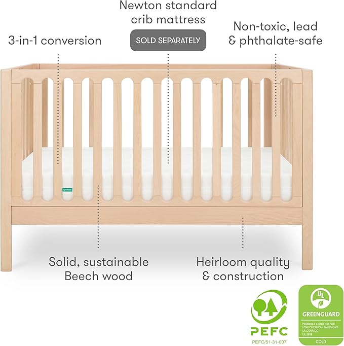 Newton Baby Galileo Standard Crib, Solid Beech Wood in Natural Color, 3-in-1 Convertible Crib with Toddler Bed Conversion Kit, Ultra-Safe Non-Toxic Finish