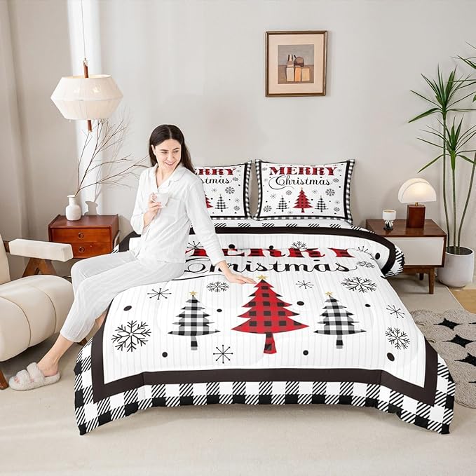 Merry Christmas New Year Kids Comforter Set Full Size,Snowflake Pine Trees Bedding,Girls Boys Adults Bedroom/Xmas Cabin Decor,Grids Geometric Fashion Down Comforter,Rustic Duvet Insert,2 Pillowcases