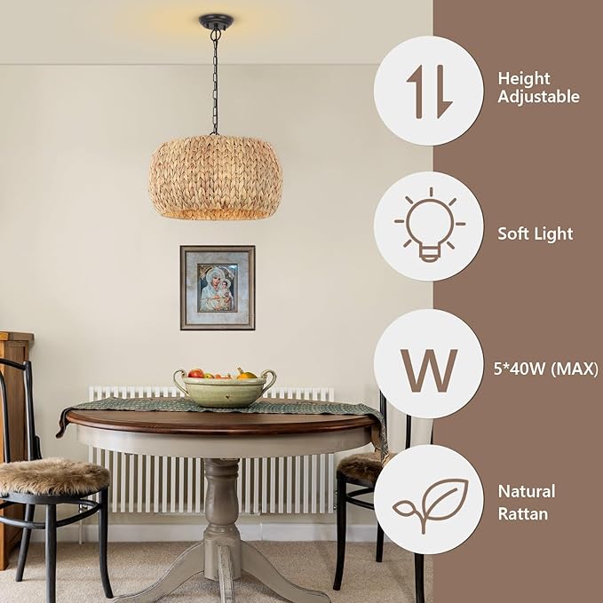 Farmhouse Boho Chandelier, 5-Light with Water Hyacinth Lampshade, for Dining Room, Kitchen Island, Bedroom, Living Room