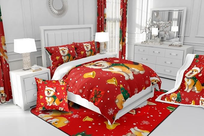 Cartoon Dog Comforter Set King Size,Bell Christmas Tree Star Snowflake Duvet Insert for Kids Boys Girls Room Decor,Cute Corgi Xmas Theme Bedding Set 3Pcs,Merry Christmas Red Quilt Set,2 Pillowcases