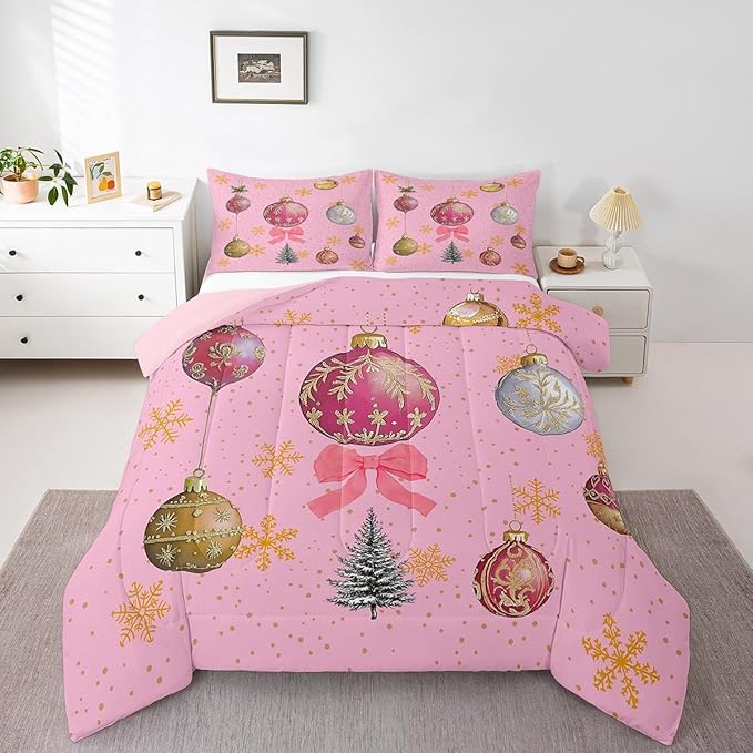 Erosebridal Merry Christmas Twin Bedding Sets Xmas Tree Comforter Sets Kids Snowflake Happy New Year Down Comforter for Boys Girls Pink Bownot Decor Bed Set