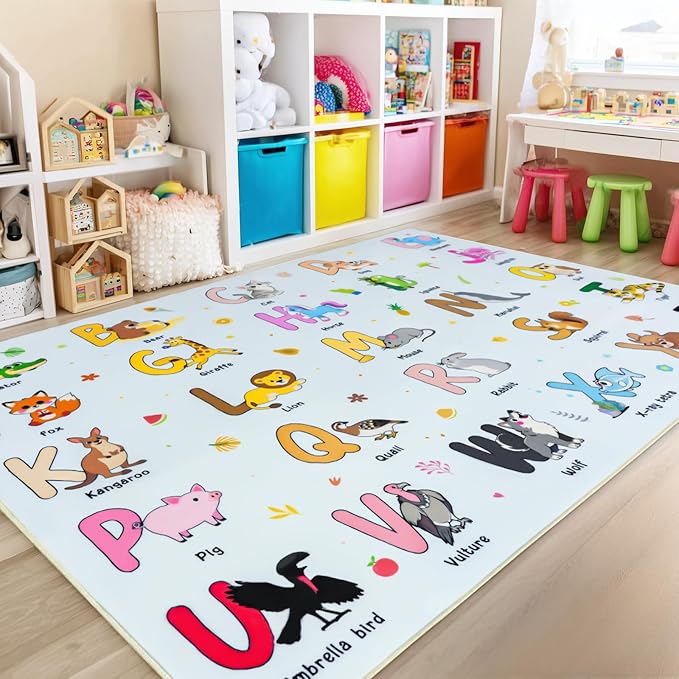 Kids Rugs for Playroom, 8x10 Ft Educational Rug for Learn The ABC Alphabet, Soft Machine Washable Non-Slip Cute Cartoon Animals Carpet for Classroom Toddler Nursery Kids Room Decor, Blue