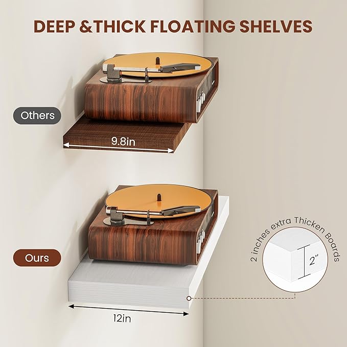 Vivelove White Floating Shelves Over Toilet, 24/36/48/55 Inch X 12 Deep Shelves for Room Wall Mounted, 2" Thick Floating Shelf for Living Room Bedroom Bathroom Kitchen Laundry Room, Set of 2