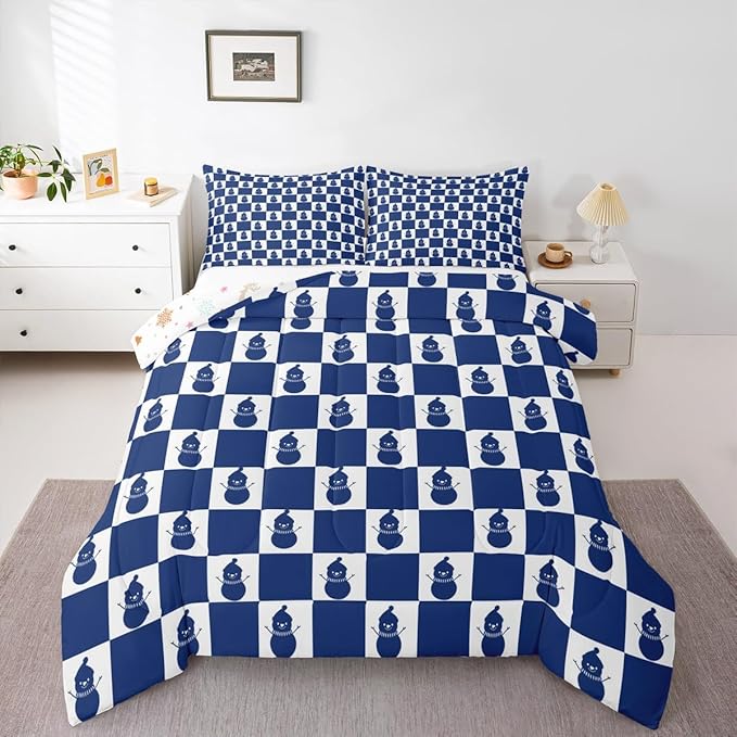 Feelyou Christmas Comforter Set All Season Checkered Bedding Set with 2 Pillow Cases Snowman Kids Full Bedclothes Xmas Decorations Bedroom Decor Blue Duvet Quilt Breathable Soft Lightweight
