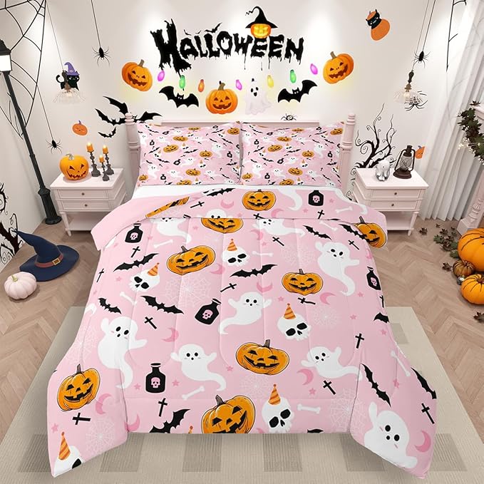 Erosebridal Pink Halloween Comforter Set Cute Ghost Bedding Set Full Size,Spooky Pumpkin Bat Decor Quilt for Kids Boys Girls Adults Vintage Halloween Decorations Down Comforter
