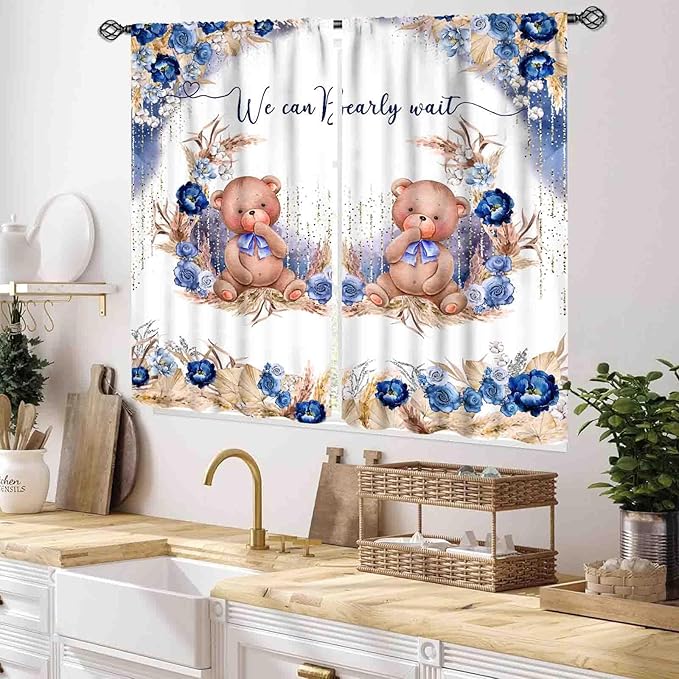 Bear Curtains for Kids Room, Baby Boys Girls Cute Lovely Bear Watercolor Floral Blue Window Drapery Treatments for Living Room Bedroom Nursey Toddler Classroom 2 Panels, 55x39 Inch