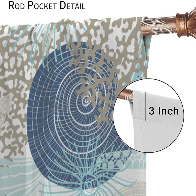 Shell Blackout Curtains Beach Shells Marine Life Water Grass Pattern Printed Curtains Suitable for Living Room Bedroom Privacy Curtains 63x63 Inches